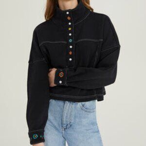 'Something Navy' Embroidered Henley Sweatshirt  Black Size Small